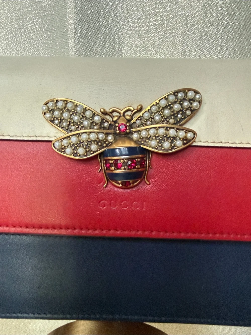 Gucci Cream Red Navy Queen Margaret Bee Flap Bag with Crossbody Chain